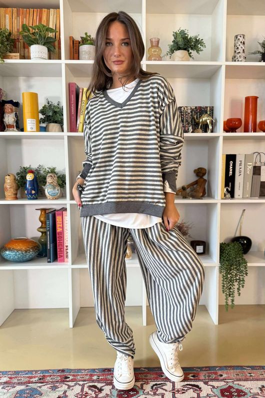 The Sunday Morning Stripe V Slouch Sweatshirt Greys Melange